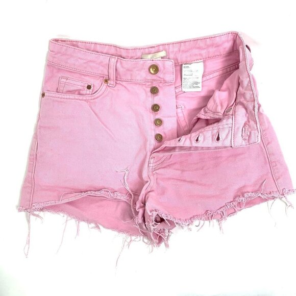 H&M Baby Pink denim Cut Off Shorts Button Fly Mid Rise Frayed Edges Size 6 - Picture 3 of 5